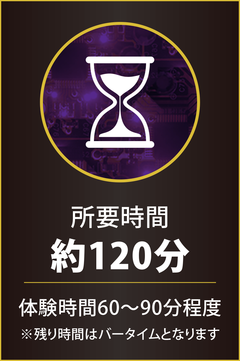 所要時間：約120分　・体験時間60分〜90分程度※残り時間はバータイムとなります