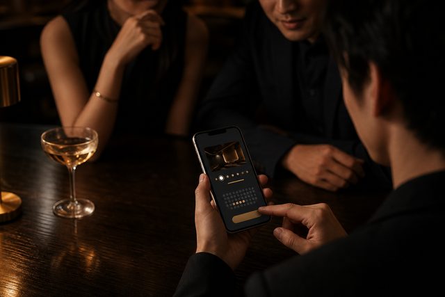 友人とラウンジのチケットをスマートフォンで予約する様子