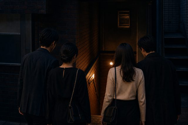夜の地下入口へ向かう男女4人の後ろ姿